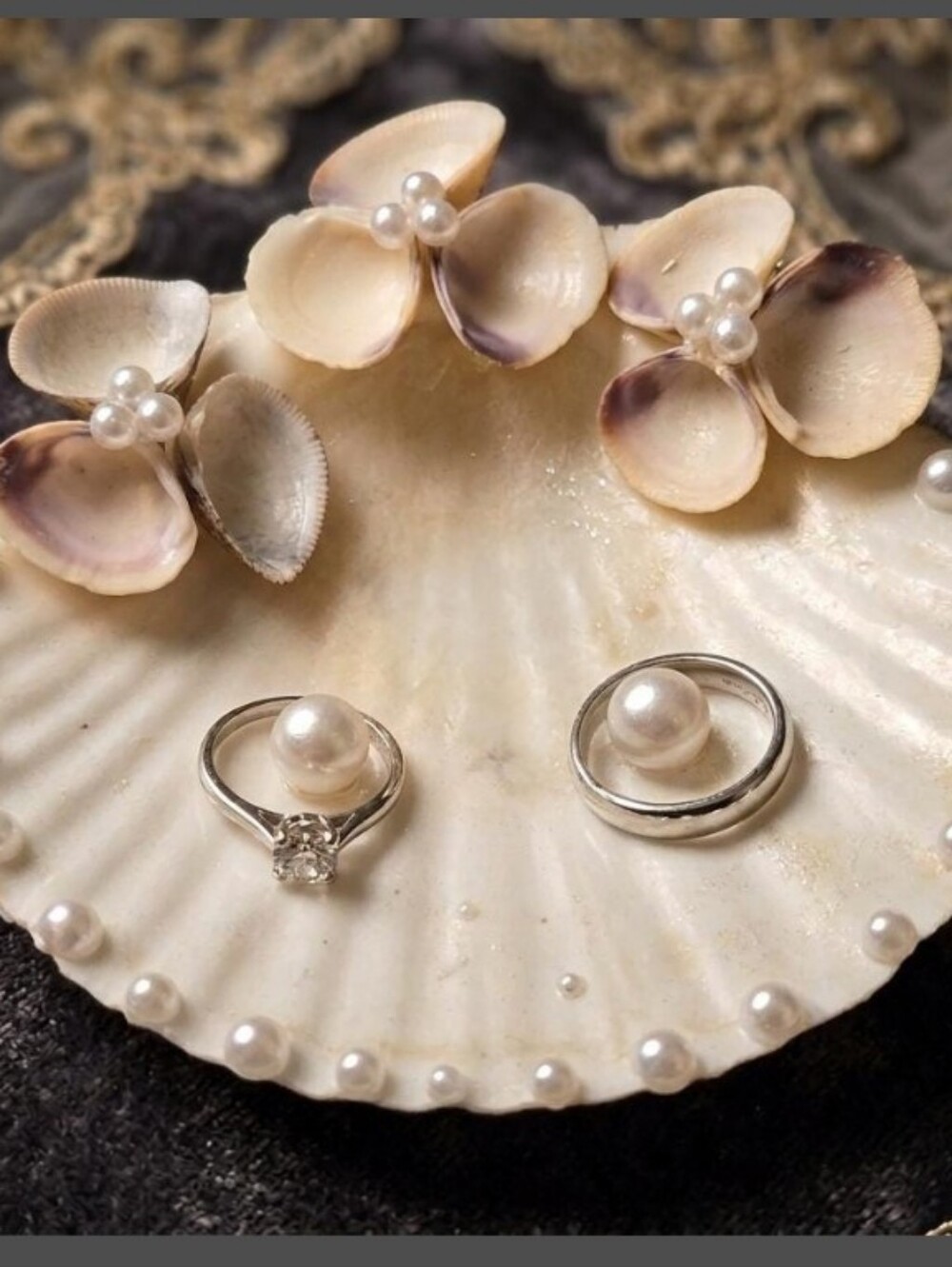 Natural Seashell Wedding Ring Dish Pearl Accent Holder